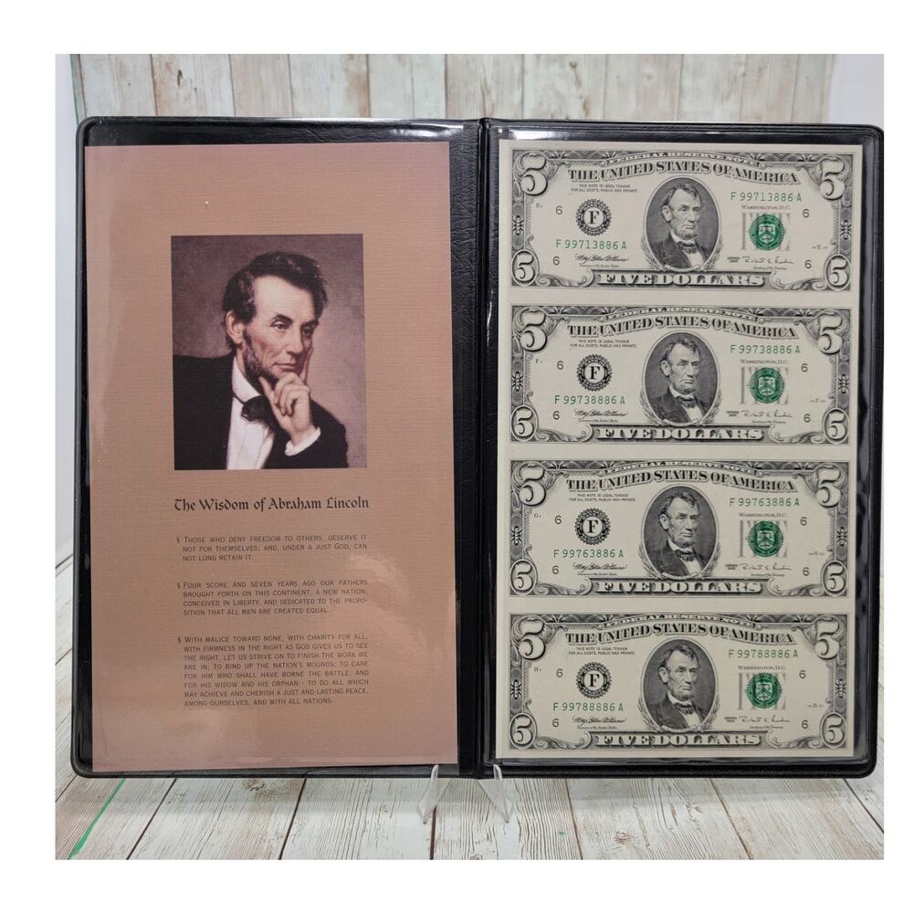 1995 $5 Federal Reserve Notes  Uncut Sheet of 4 High Serial Number F 99713886 A